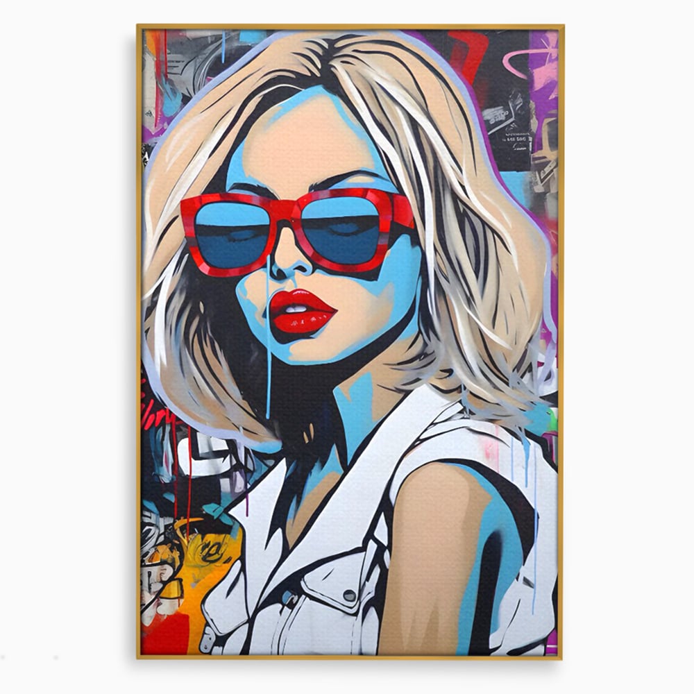 Tablou canvas cu tablou canvas portret pop art femeie cu ochelari, in rama de aluminiu auriu